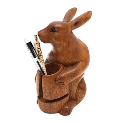 Alternate image for Handcrafted Bunny-Themed Suar Wood Pen Holder Made in Bali Single Bunny
