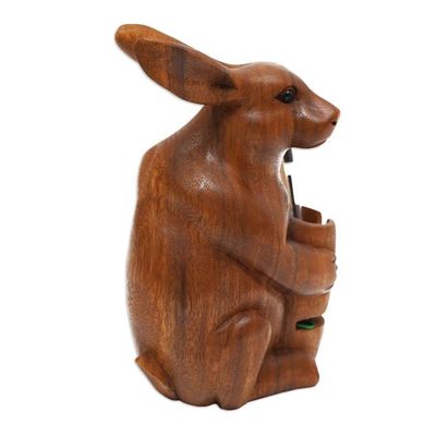 Alternate image for Handcrafted Bunny-Themed Suar Wood Pen Holder Made in Bali Single Bunny