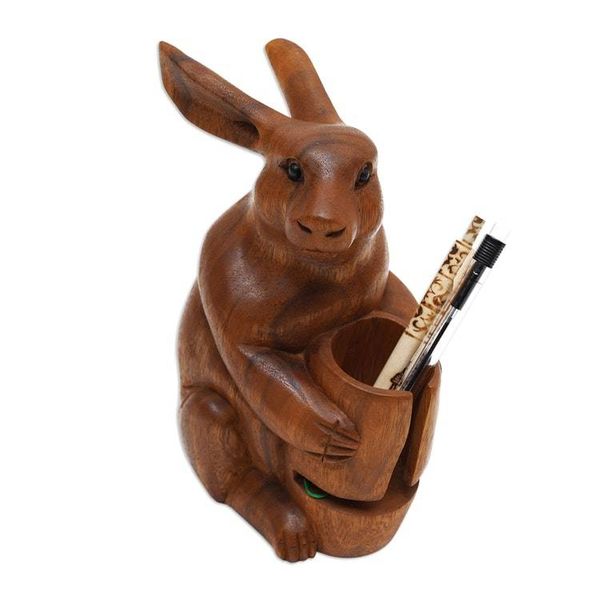 Alternate image for Handcrafted Bunny-Themed Suar Wood Pen Holder Made in Bali Single Bunny