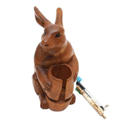 Alternate image for Handcrafted Bunny-Themed Suar Wood Pen Holder Made in Bali Single Bunny