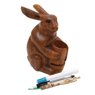 Alternate image for Handcrafted Bunny-Themed Suar Wood Pen Holder Made in Bali Single Bunny