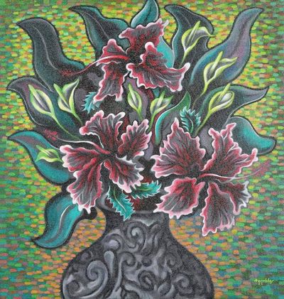 Alternate image for Unstretched Signed Floral Acrylic Impressionist Painting Tropical Hibiscus