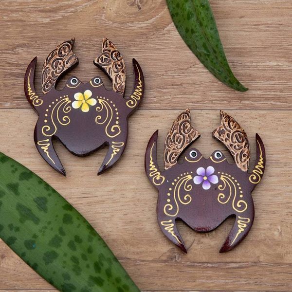 Alternate image for Set of 2 Hand-Painted Floral Crab-Shaped Wood Magnets Paradisial Crab