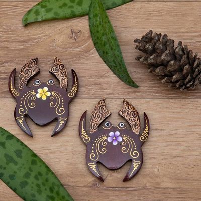 Alternate image for Set of 2 Hand-Painted Floral Crab-Shaped Wood Magnets Paradisial Crab