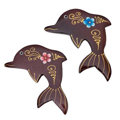 Primary image for Set of 2 Hand-Painted Floral Dolphin-Shaped Wood Magnets Paradisial Dolphins