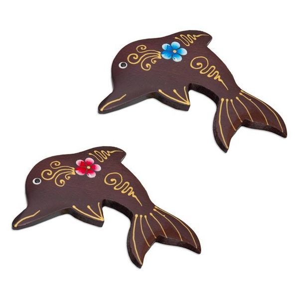 Alternate image for Set of 2 Hand-Painted Floral Dolphin-Shaped Wood Magnets Paradisial Dolphins