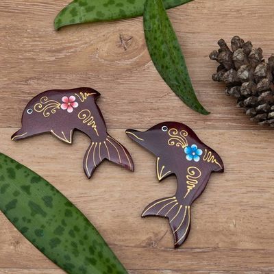 Alternate image for Set of 2 Hand-Painted Floral Dolphin-Shaped Wood Magnets Paradisial Dolphins