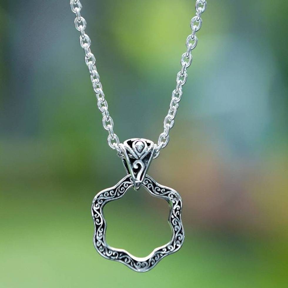 Artisan-Made Floral Oxidized and Polished Pendant Necklace 'Petals from Gianyar'