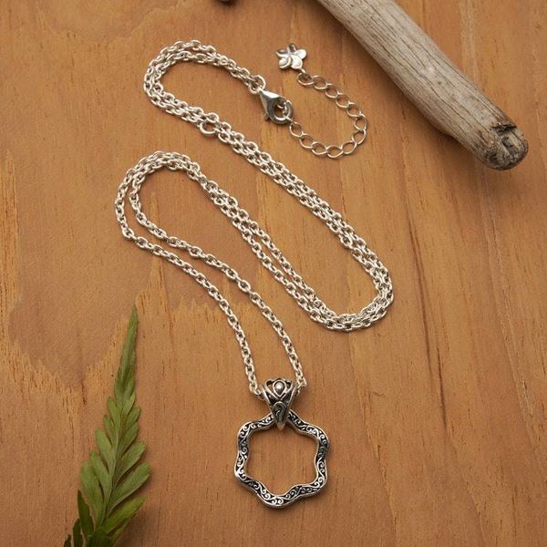 Alternate image for Artisan-Made Floral Oxidized and Polished Pendant Necklace Petals from Gianyar