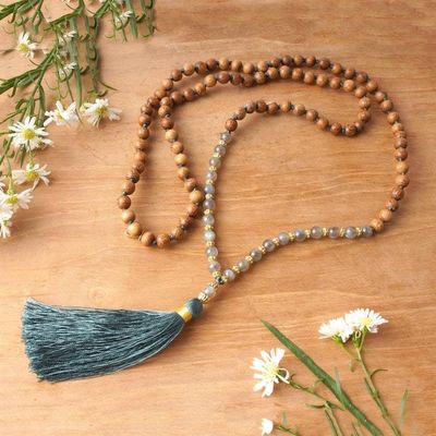 Primary image for Gold Accented Labradorite and Wood Beaded Pendant Necklace Harmony Mala