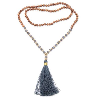 Alternate image for Gold Accented Labradorite and Wood Beaded Pendant Necklace Harmony Mala