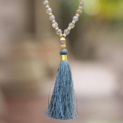 Alternate image for Gold Accented Labradorite and Wood Beaded Pendant Necklace Harmony Mala