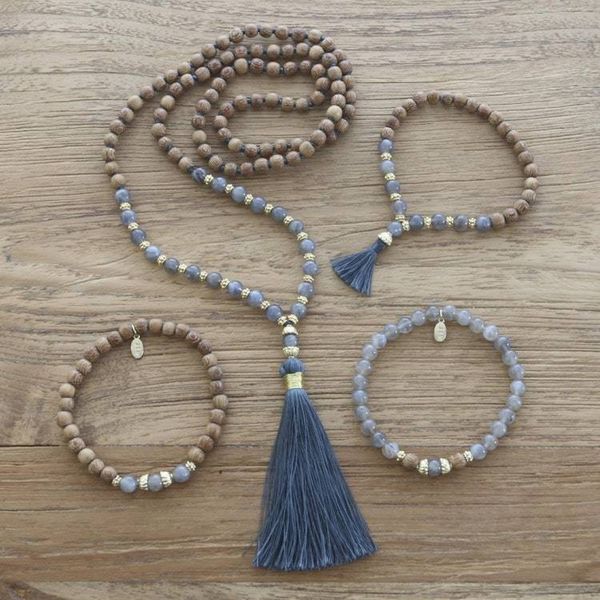 Alternate image for Gold Accented Labradorite and Wood Beaded Pendant Necklace Harmony Mala