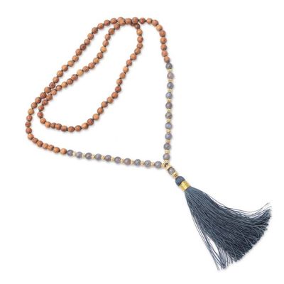 Alternate image for Gold Accented Labradorite and Wood Beaded Pendant Necklace Harmony Mala