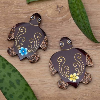 Primary image for Set of 2 Hand-Painted Floral Turtle-Shaped Wood Magnets Paradisial Turtles
