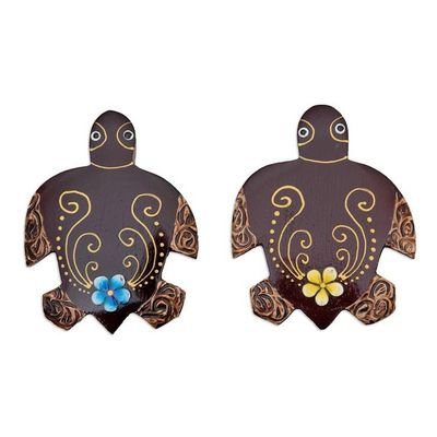 Alternate image for Set of 2 Hand-Painted Floral Turtle-Shaped Wood Magnets Paradisial Turtles