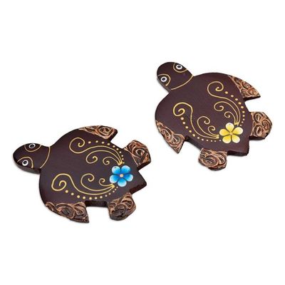 Alternate image for Set of 2 Hand-Painted Floral Turtle-Shaped Wood Magnets Paradisial Turtles