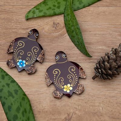 Alternate image for Set of 2 Hand-Painted Floral Turtle-Shaped Wood Magnets Paradisial Turtles