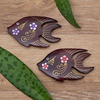 Primary image for Set of 2 Hand-Painted Floral Fish-Shaped Wood Magnets Paradisial Fish