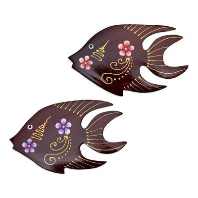 Alternate image for Set of 2 Hand-Painted Floral Fish-Shaped Wood Magnets Paradisial Fish