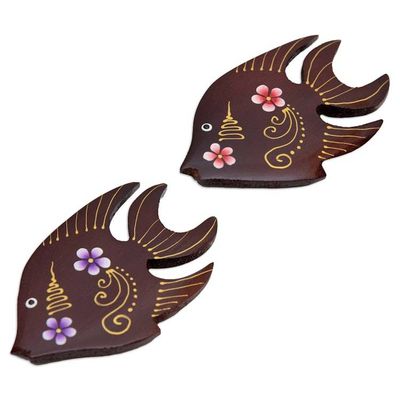 Alternate image for Set of 2 Hand-Painted Floral Fish-Shaped Wood Magnets Paradisial Fish