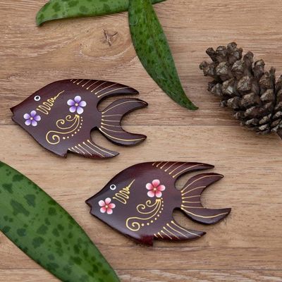 Alternate image for Set of 2 Hand-Painted Floral Fish-Shaped Wood Magnets Paradisial Fish