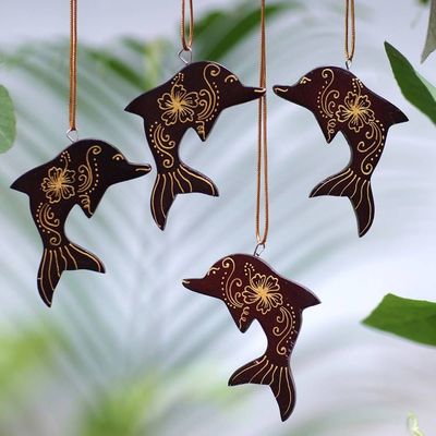 Primary image for Set of 4 Handmade Mahogany Wood Dolphin Ornaments from Bali Morning Dolphins