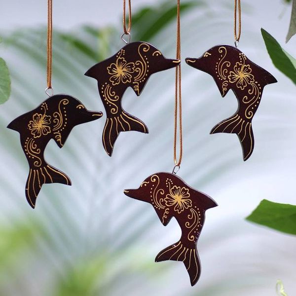 Alternate image for Set of 4 Handmade Mahogany Wood Dolphin Ornaments from Bali Morning Dolphins