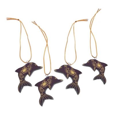 Alternate image for Set of 4 Handmade Mahogany Wood Dolphin Ornaments from Bali Morning Dolphins