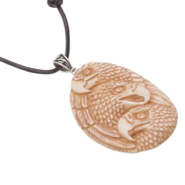 Alternate image for Handcrafted Eagle-Themed Bone Pendant Necklace from Bali Eagle Trio