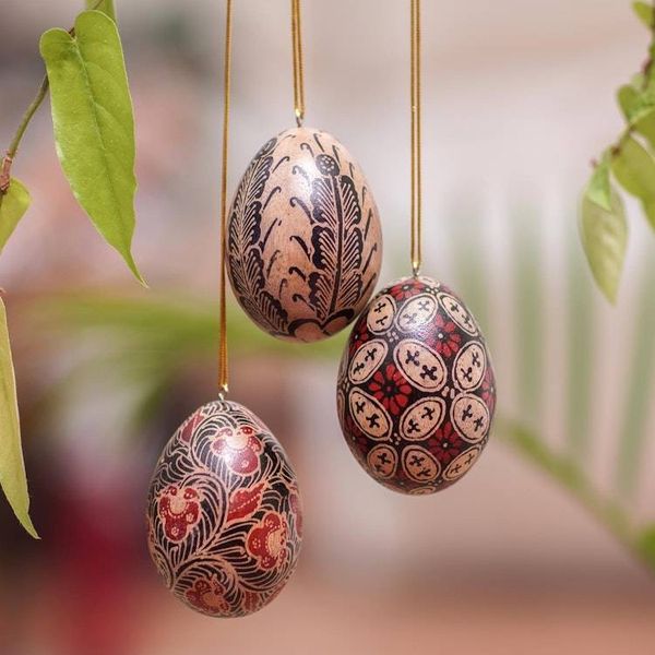 Alternate image for Hand Made Batik Wood Ornaments Set of 3 from Indonesia Kawung Eggs