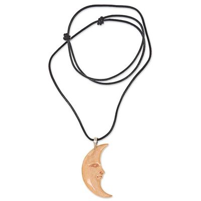 Alternate image for Hand Carved Balinese Moon Necklace in Leather and Bone Serene Crescent Moon