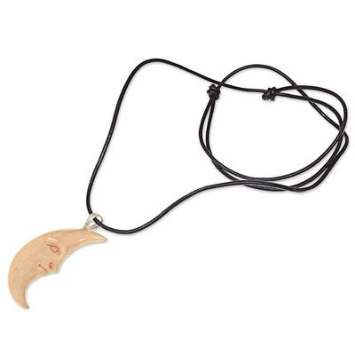 Alternate image for Hand Carved Balinese Moon Necklace in Leather and Bone Serene Crescent Moon