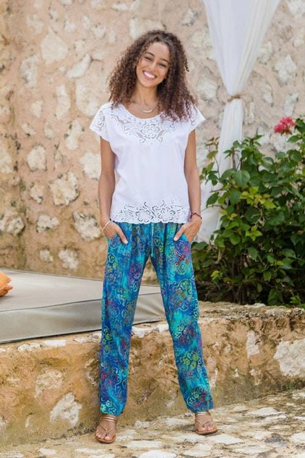 Alternate image for Teal Hand-Stamped and Hand-Dyed Batik Rayon Pants from Bali New Mandala