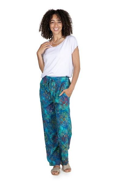 Alternate image for Teal Hand-Stamped and Hand-Dyed Batik Rayon Pants from Bali New Mandala