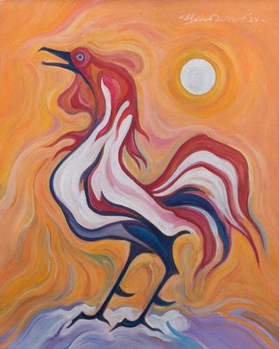 Image for Modern Expressionist Acrylic Painting of a Rooster from Java The Cock Crows