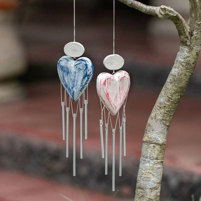 Primary image for 2 Shabby Chic Hand-Carved and Painted Wood Heart Wind Chimes Heartfelt Melodies