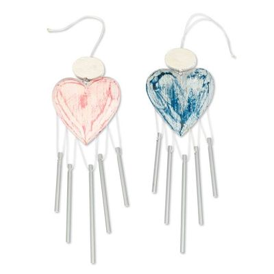 Alternate image for 2 Shabby Chic Hand-Carved and Painted Wood Heart Wind Chimes Heartfelt Melodies