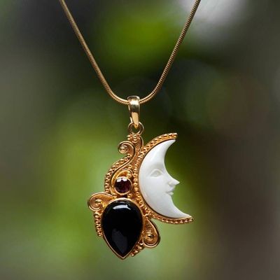 Primary image for Gold Plated Onyx and Garnet Pendant Necklace from Bali Crescent Mystery