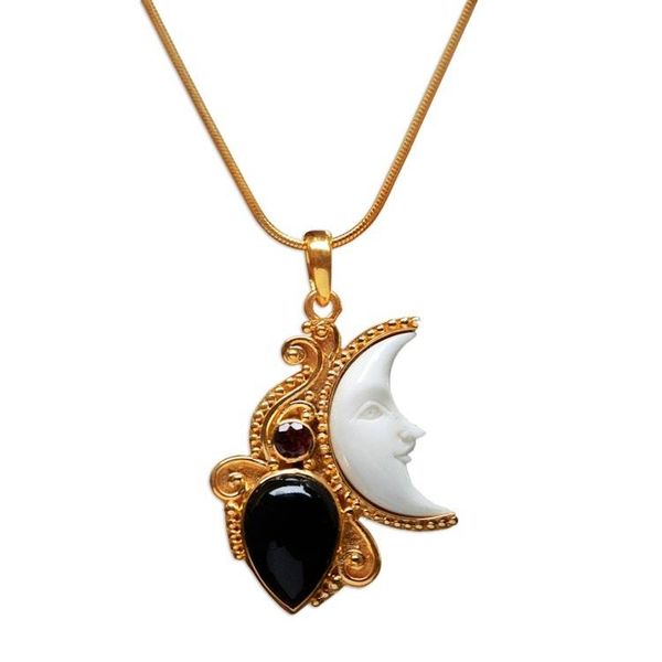 Alternate image for Gold Plated Onyx and Garnet Pendant Necklace from Bali Crescent Mystery