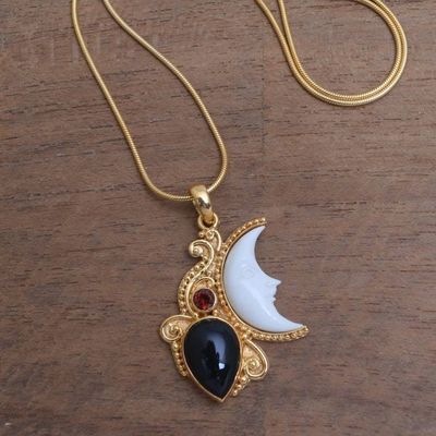 Alternate image for Gold Plated Onyx and Garnet Pendant Necklace from Bali Crescent Mystery