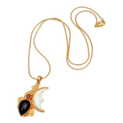 Alternate image for Gold Plated Onyx and Garnet Pendant Necklace from Bali Crescent Mystery