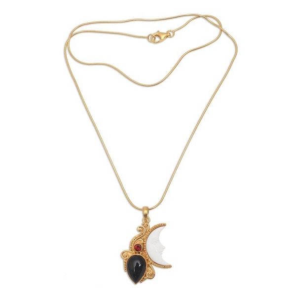 Alternate image for Gold Plated Onyx and Garnet Pendant Necklace from Bali Crescent Mystery