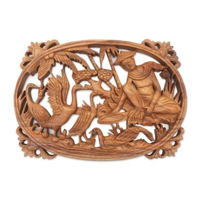 Alternate image for Hand Carved Suar Wood Wall Panel Farmer Traditional Bali Feeding Ducks