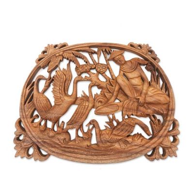 Alternate image for Hand Carved Suar Wood Wall Panel Farmer Traditional Bali Feeding Ducks