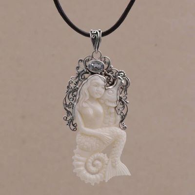 Primary image for Blue Topaz Bone and 925 Silver Mermaid Pendant Necklace Seahorse Mother