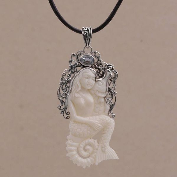 Alternate image for Blue Topaz Bone and 925 Silver Mermaid Pendant Necklace Seahorse Mother