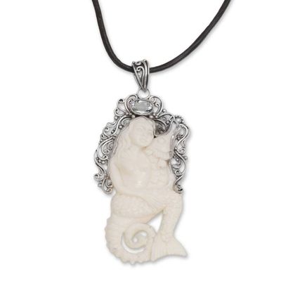 Alternate image for Blue Topaz Bone and 925 Silver Mermaid Pendant Necklace Seahorse Mother