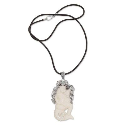 Alternate image for Blue Topaz Bone and 925 Silver Mermaid Pendant Necklace Seahorse Mother