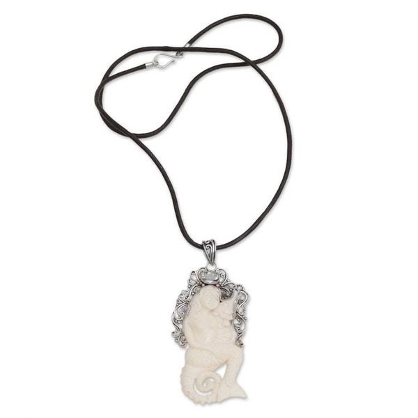Alternate image for Blue Topaz Bone and 925 Silver Mermaid Pendant Necklace Seahorse Mother